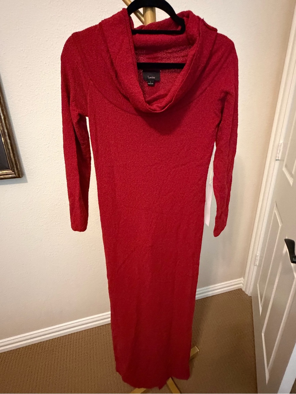 Lumiere Red Long Sleeve Cowl Neck Maxi Dress